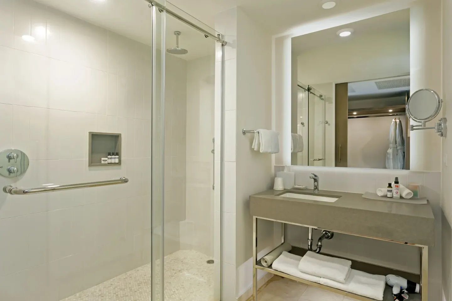 Garden View Room bathroom with glass shower at Hyatt Regency Grand Reserve Puerto Rico.
