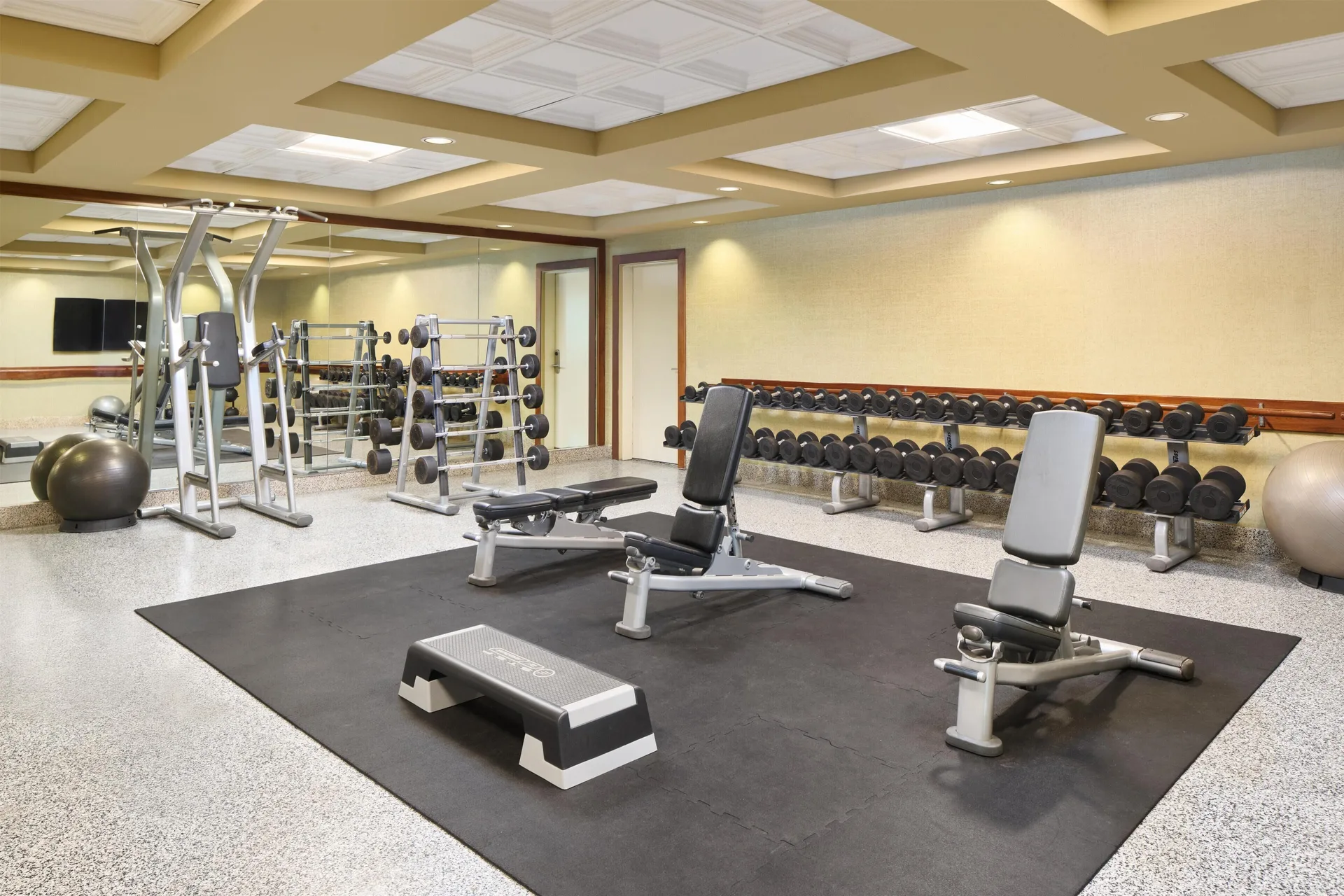 Strength-training area with benches and dumbbells at Hyatt Regency Maui Resort & Spa.