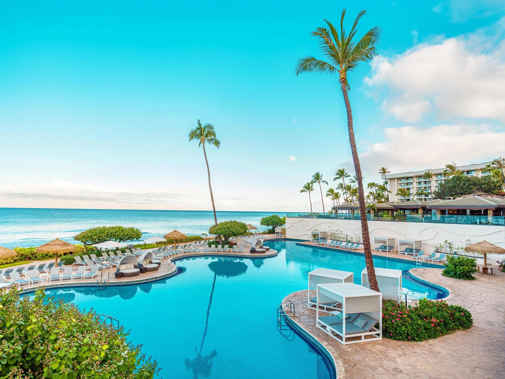 Oceanfront pool with palm trees and cabanas at Hyatt Regency Maui Resort & Spa.