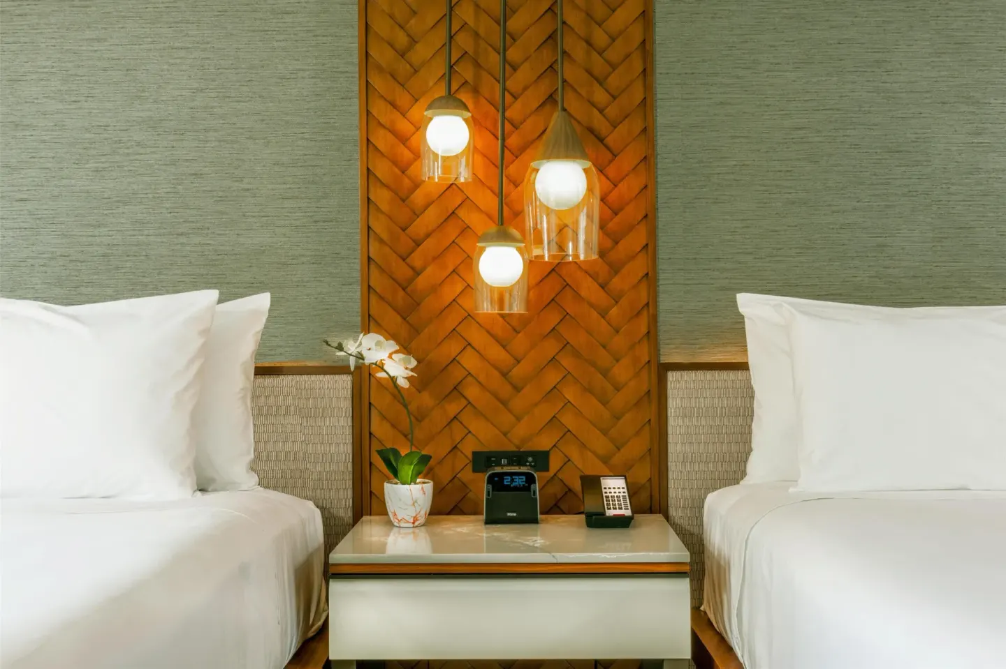 Two-bed guest room nightstand detail at Hyatt Regency Maui Resort & Spa.