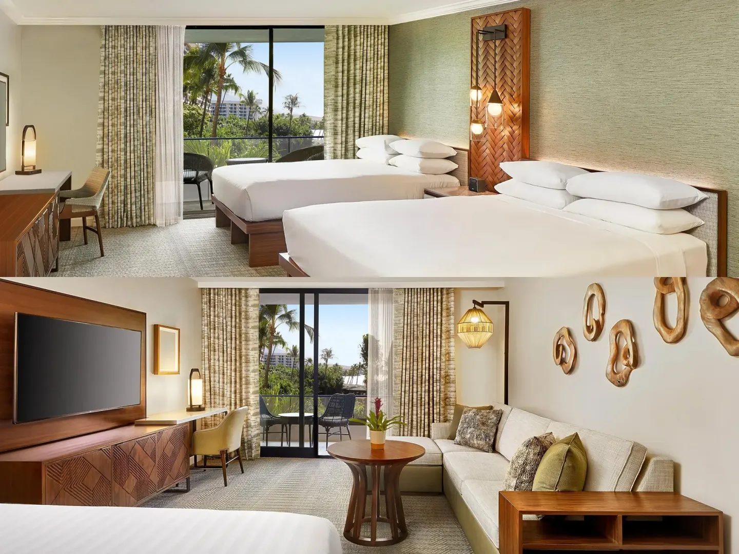 Two-bed guest room and sitting area with balcony at Hyatt Regency Maui Resort & Spa.