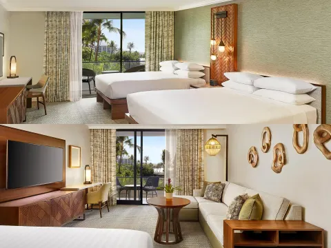 Two-bed guest room and sitting area with balcony at Hyatt Regency Maui Resort & Spa.