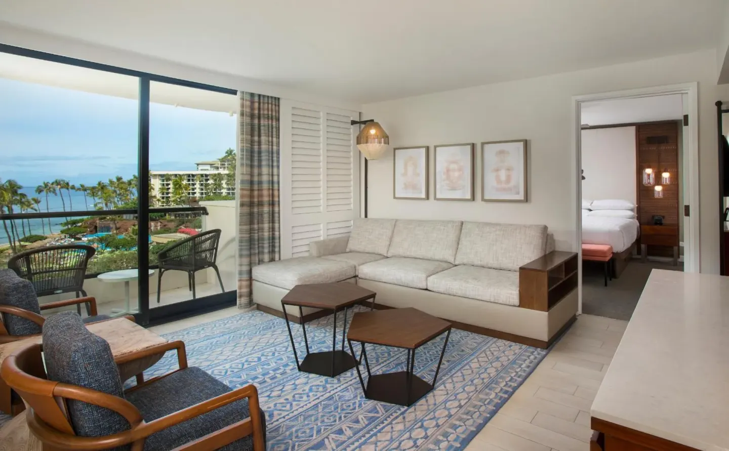 Deluxe Suite ocean living room and bedroom doorway at Hyatt Regency Maui Resort & Spa.