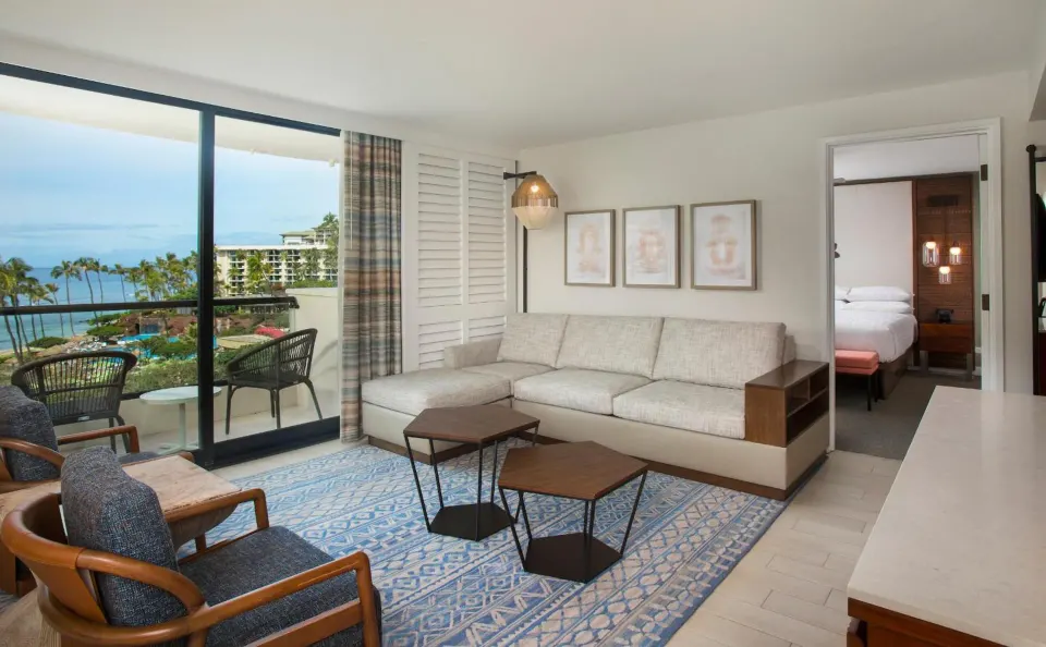 Deluxe Suite ocean living room and bedroom doorway at Hyatt Regency Maui Resort & Spa.