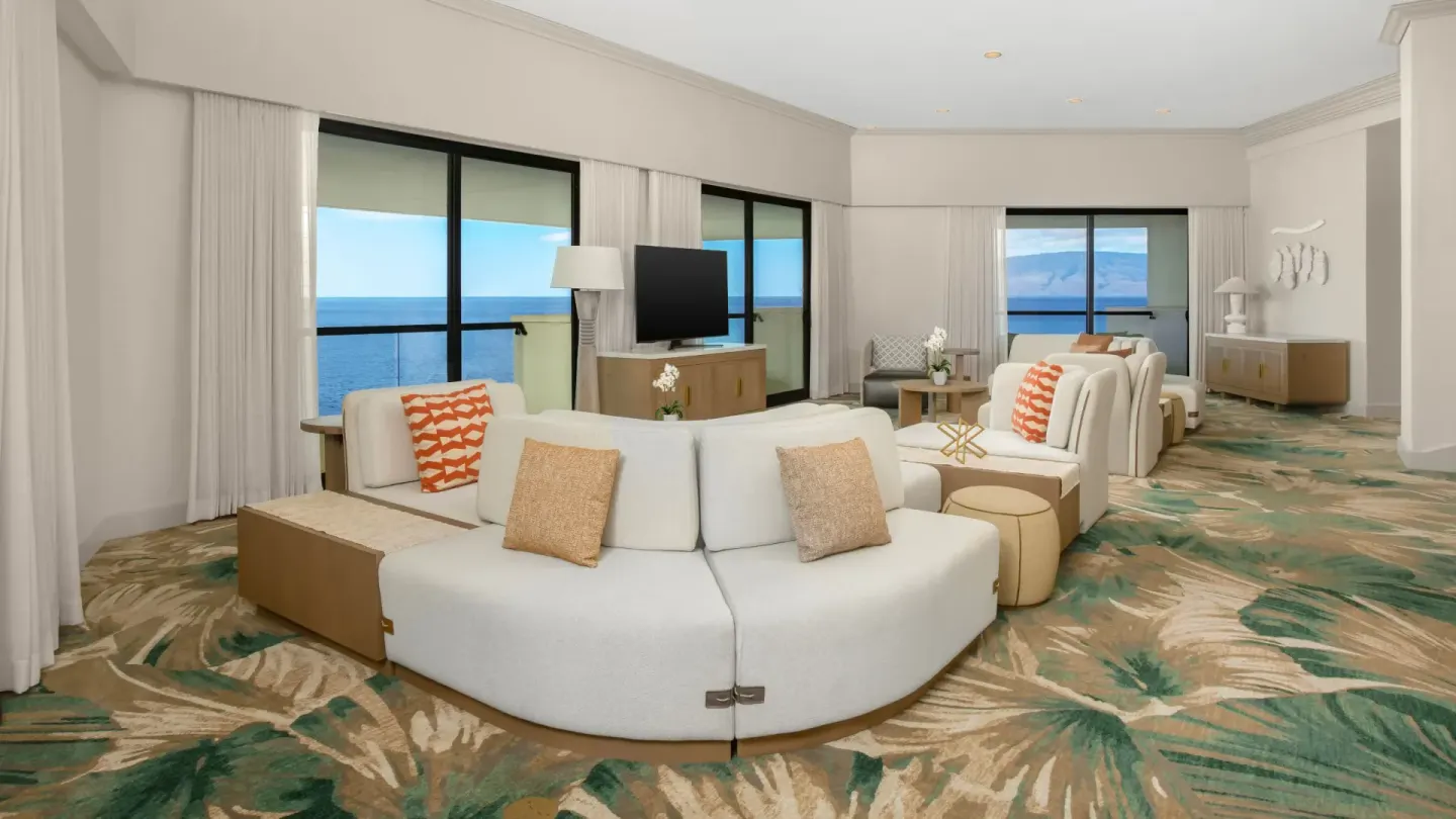Accessible room seating area with ocean-view windows at Hyatt Regency Maui Resort & Spa.