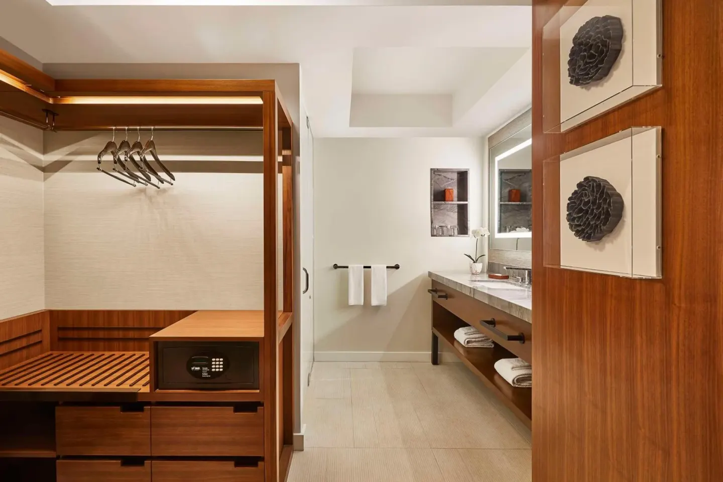 Accessible room closet and bathroom vanity at Hyatt Regency Maui Resort & Spa.