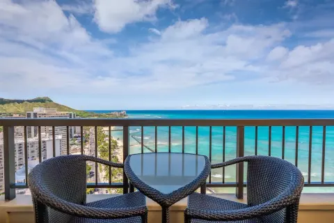 Balcony seating with ocean and Diamond Head views at Hyatt Regency Waikiki Beach Resort & Spa.