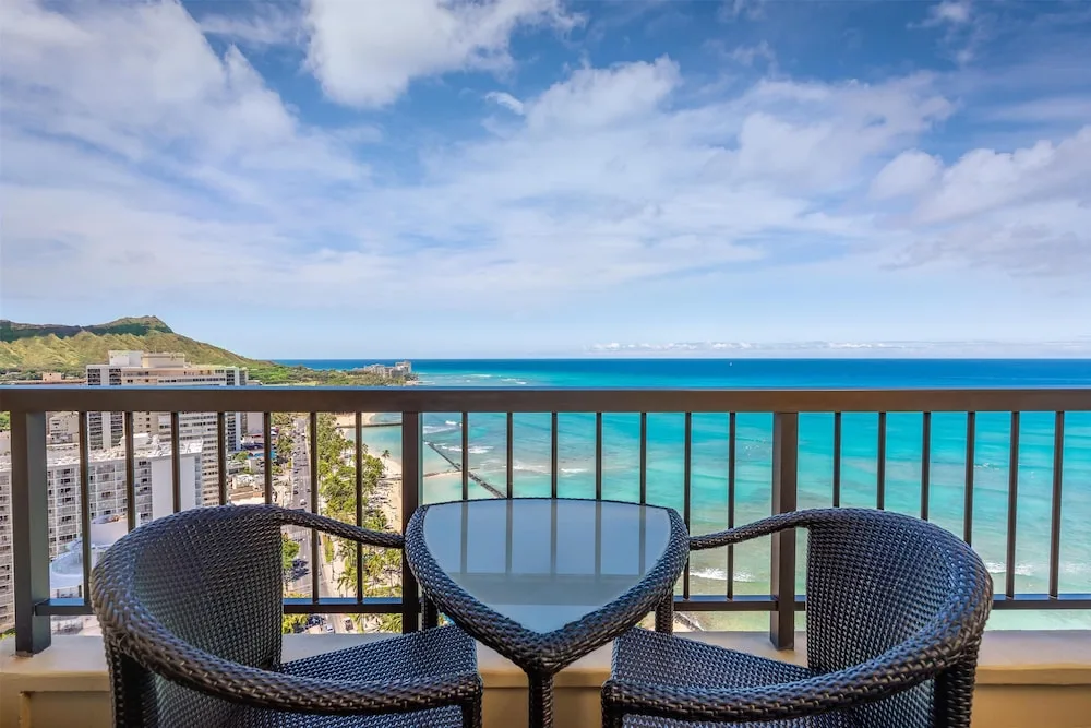 Balcony seating with ocean and Diamond Head views at Hyatt Regency Waikiki Beach Resort & Spa.