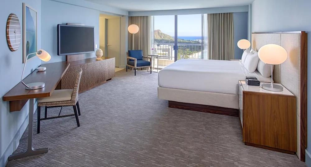 King-bed guest room with Diamond Head view at Hyatt Regency Waikiki Beach Resort & Spa.