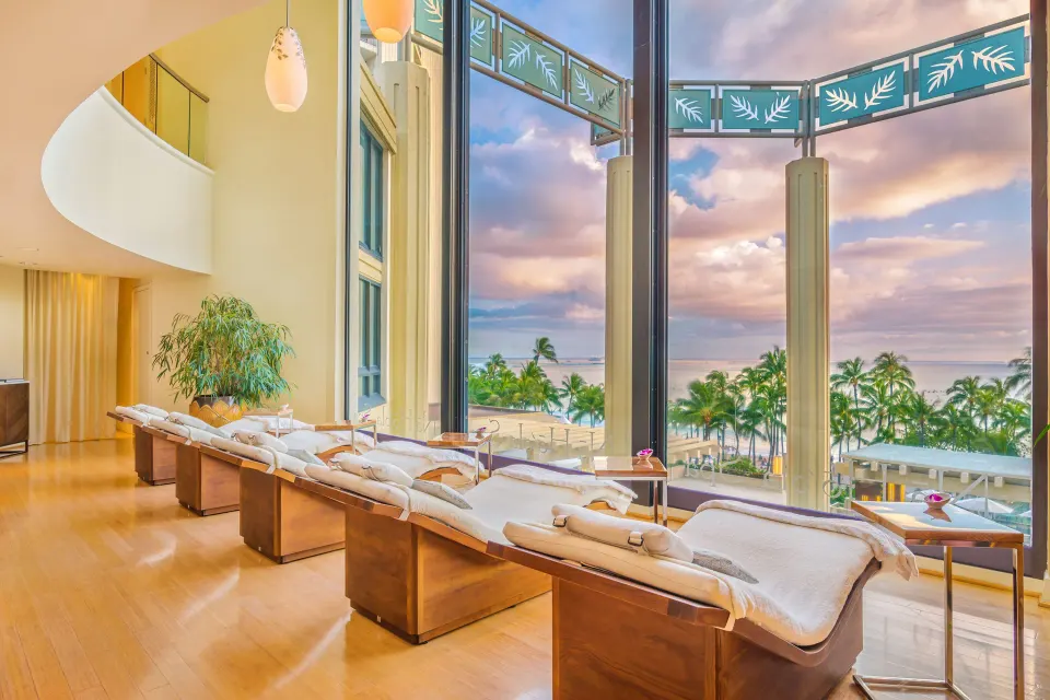 Spa relaxation lounge with ocean-facing loungers at Hyatt Regency Waikiki Beach Resort & Spa.