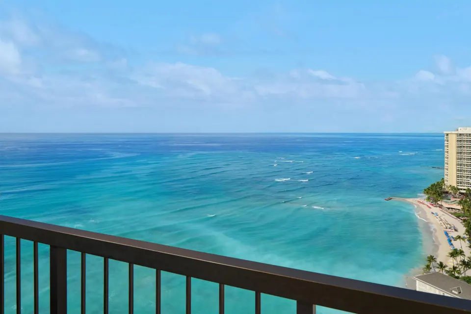 Oceanfront balcony view from a Junior Suite at Hyatt Regency Waikiki Beach Resort & Spa.
