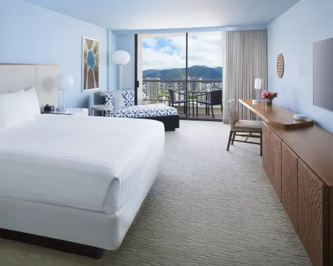 King bed city view room with balcony at Hyatt Regency Waikiki Beach Resort & Spa.
