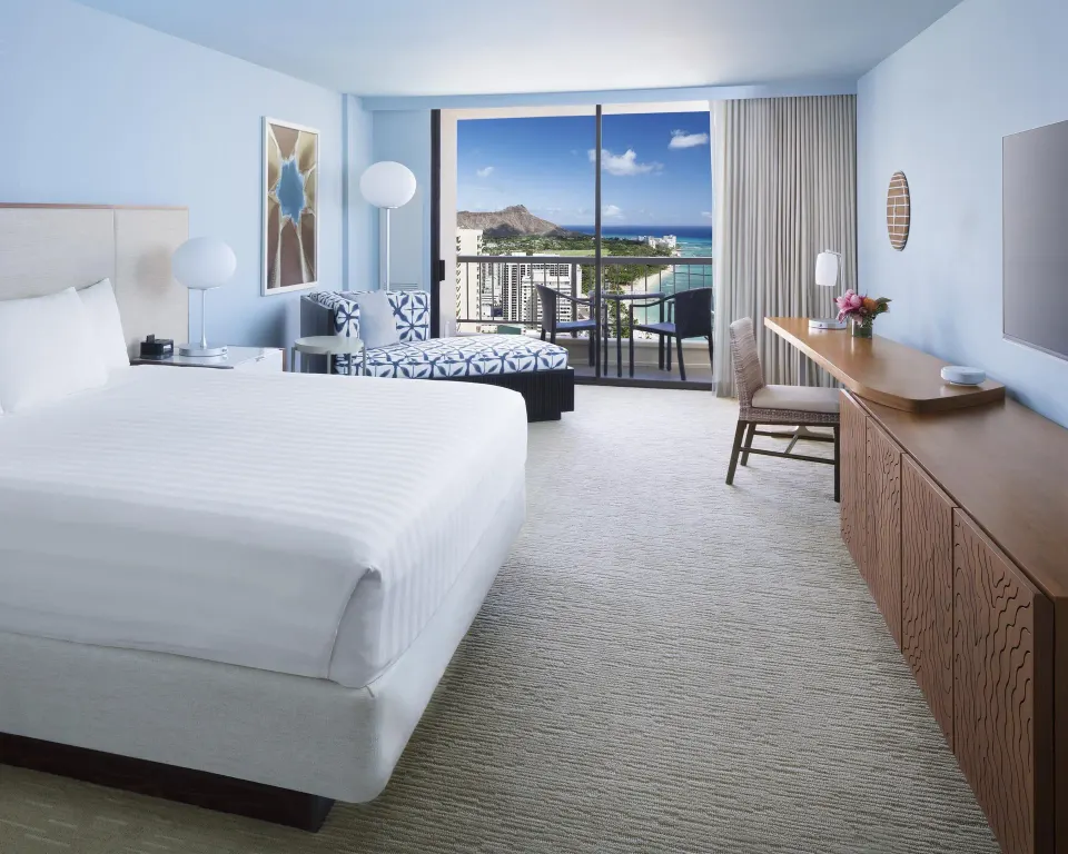Oceanfront Diamond Head king room with daybed at Hyatt Regency Waikiki Beach Resort & Spa.