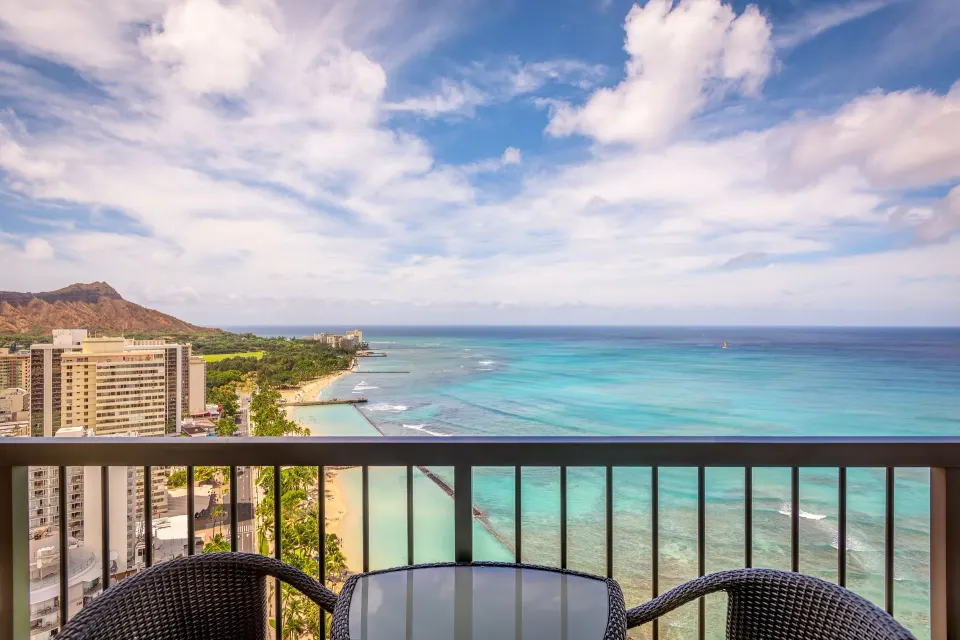 Oceanfront balcony with Waikiki and Diamond Head views at Hyatt Regency Waikiki Beach Resort & Spa.
