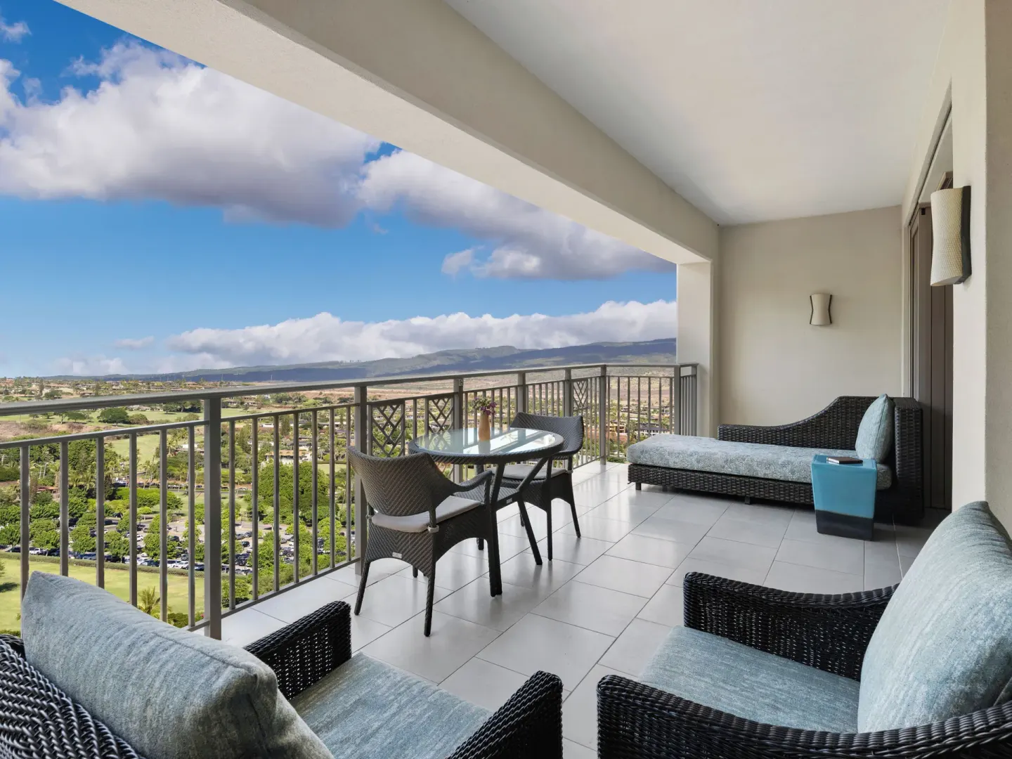Balcony seating with mountain views at Hyatt Vacation Club at Ka'anapali Beach.