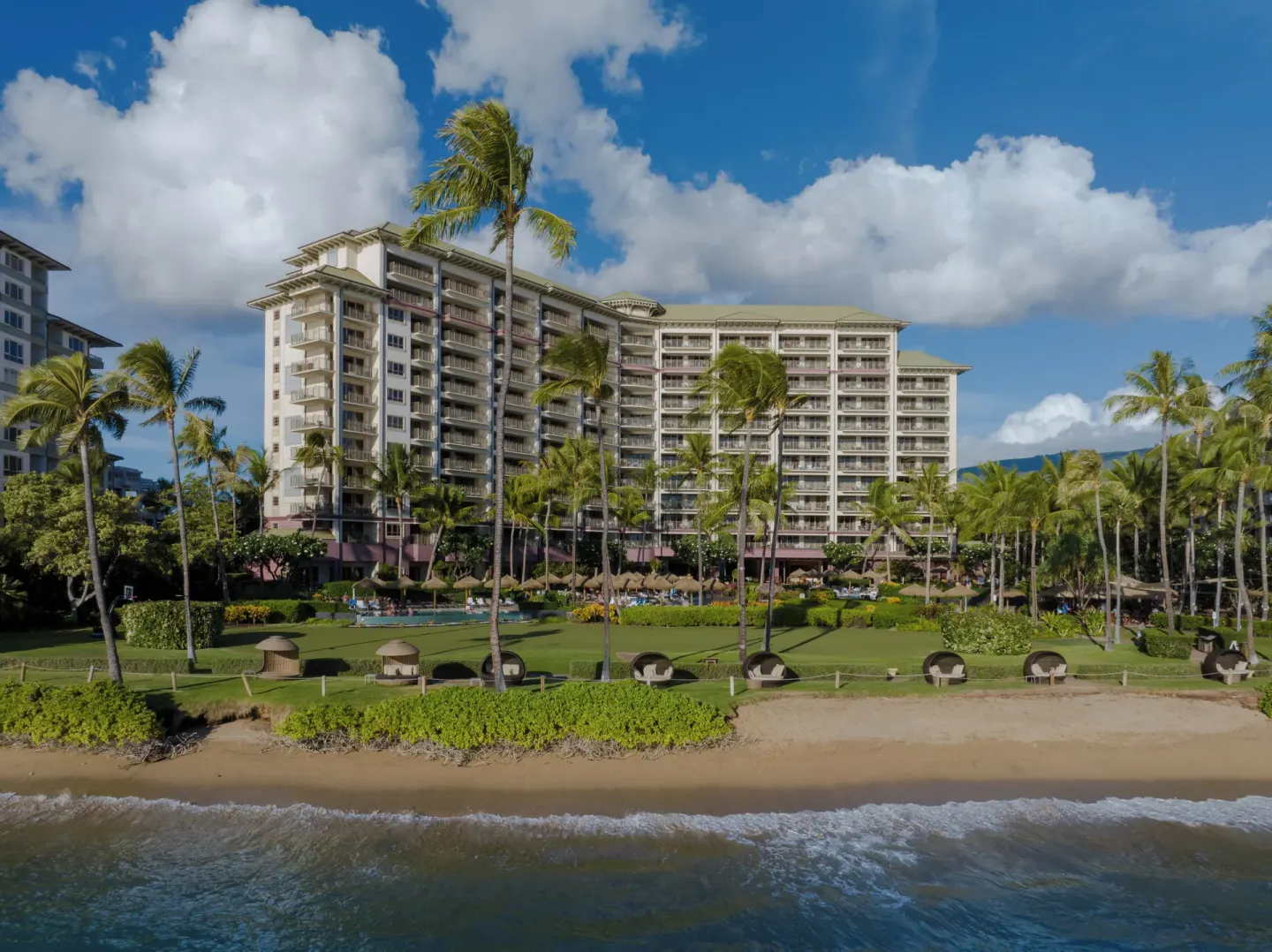 Beachfront lawn, palms, and resort tower at Hyatt Vacation Club at Ka'anapali Beach.