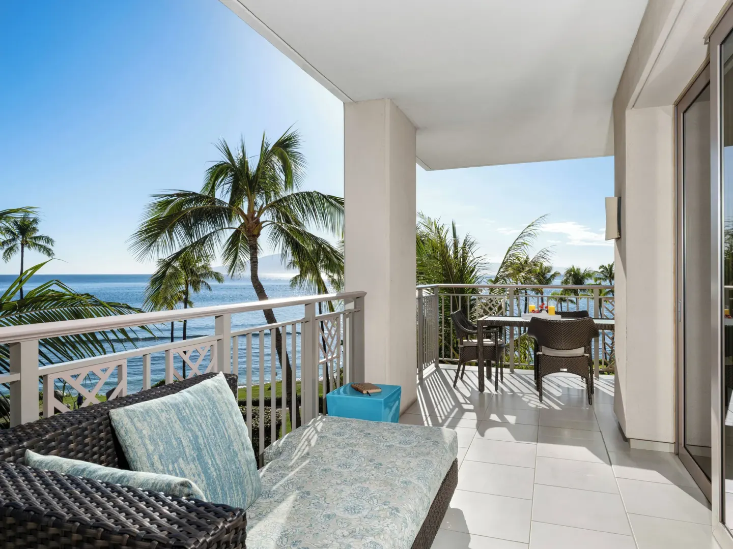Ocean-view balcony with lounge seating at Hyatt Vacation Club at Ka'anapali Beach.