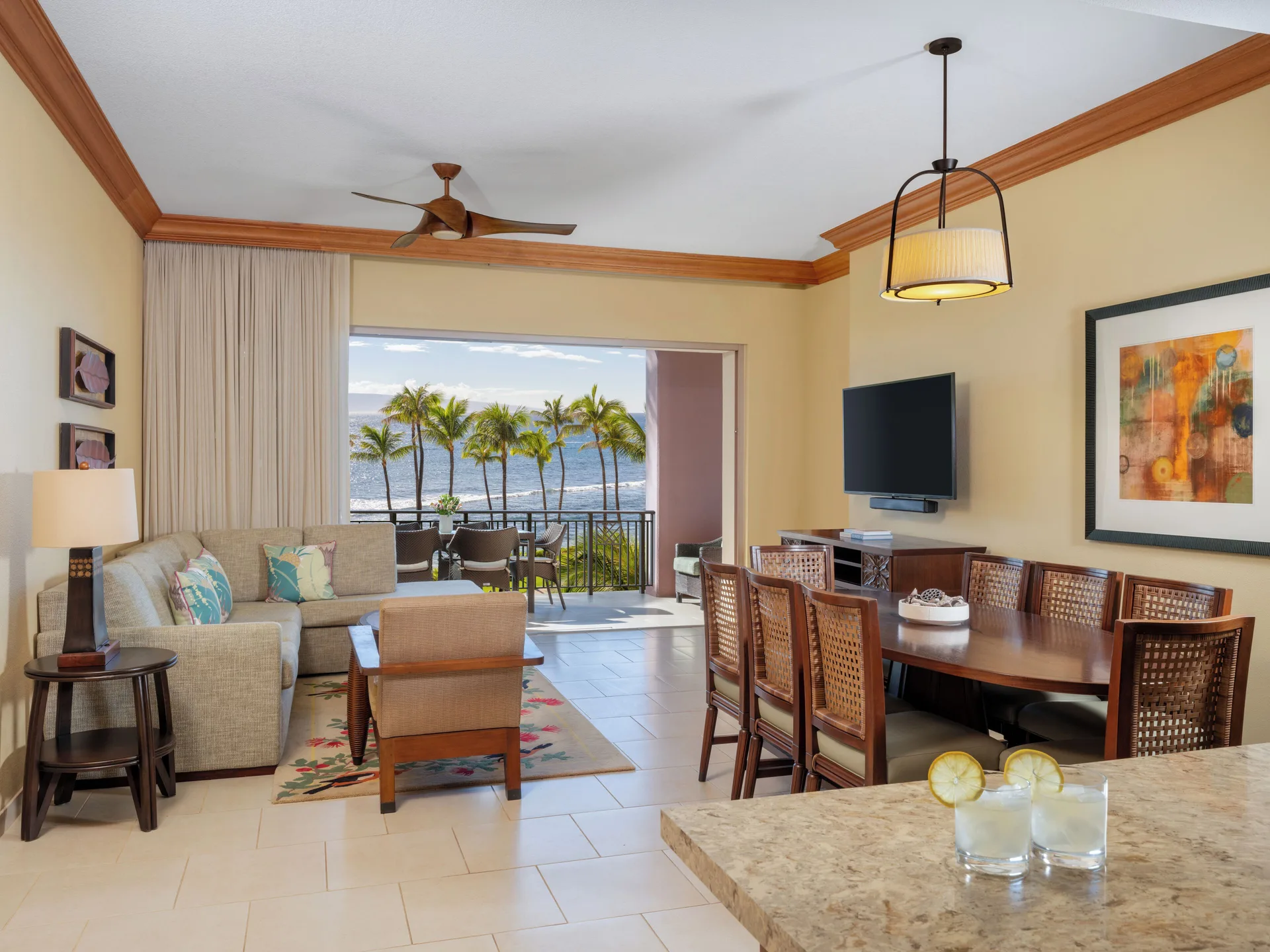 Ocean-view living and dining room in a villa at Hyatt Vacation Club at Ka'anapali Beach.