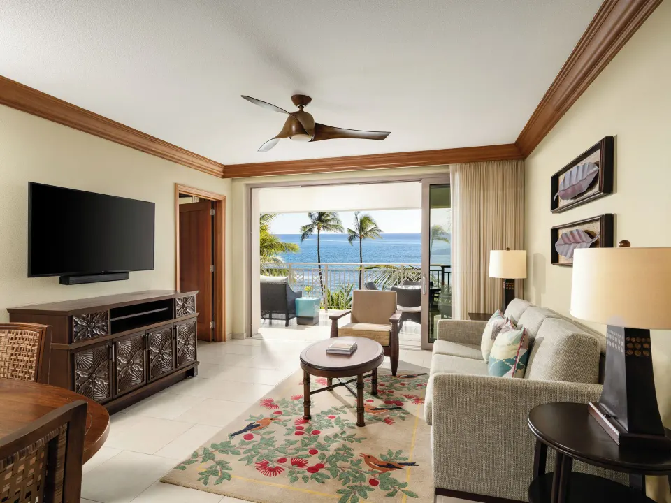 Ocean-view villa living room and patio at Hyatt Vacation Club at Ka'anapali Beach.