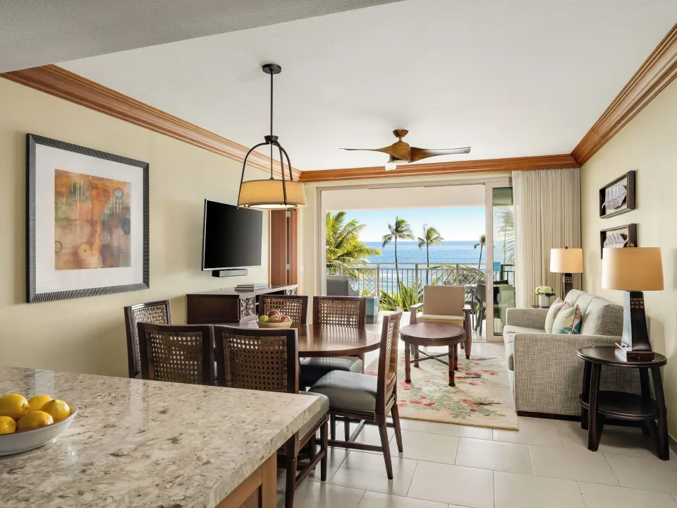 Living room with ocean-view patio at Hyatt Vacation Club at Ka'anapali Beach.