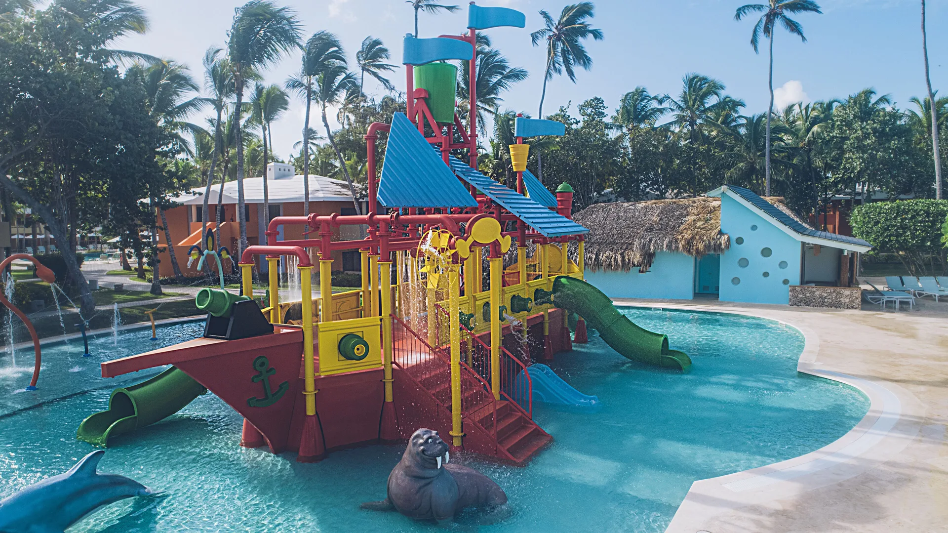 Colorful pirate-ship splash area with slides at Iberostar Selection Bávaro Suites.