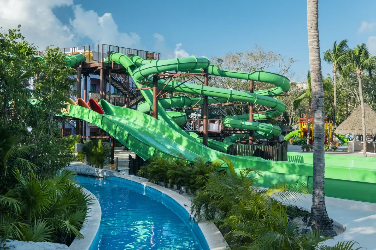 Waterslide tower and lazy river at Iberostar Selection Paraíso Lindo.