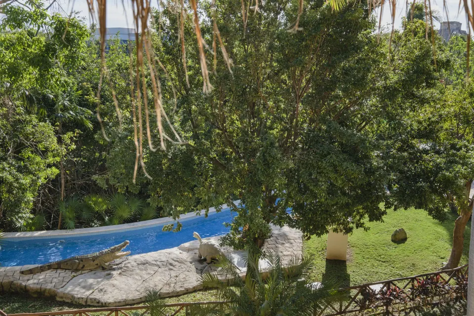 Premium room garden view with water and animal sculptures at Iberostar Selection Paraíso Lindo.