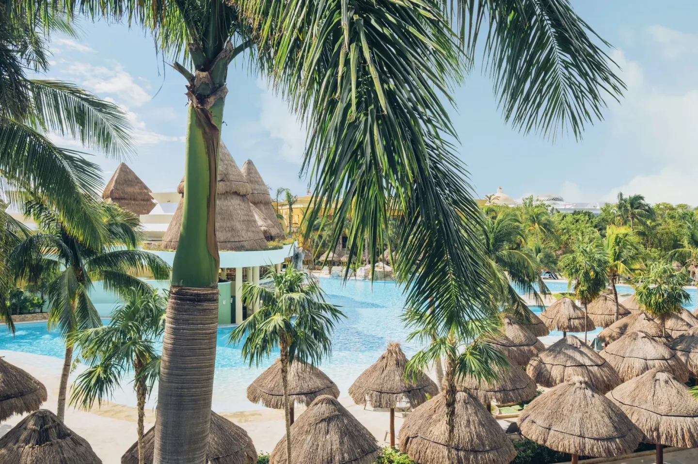 Premium room pool view with palms and palapas at Iberostar Selection Paraíso Lindo.