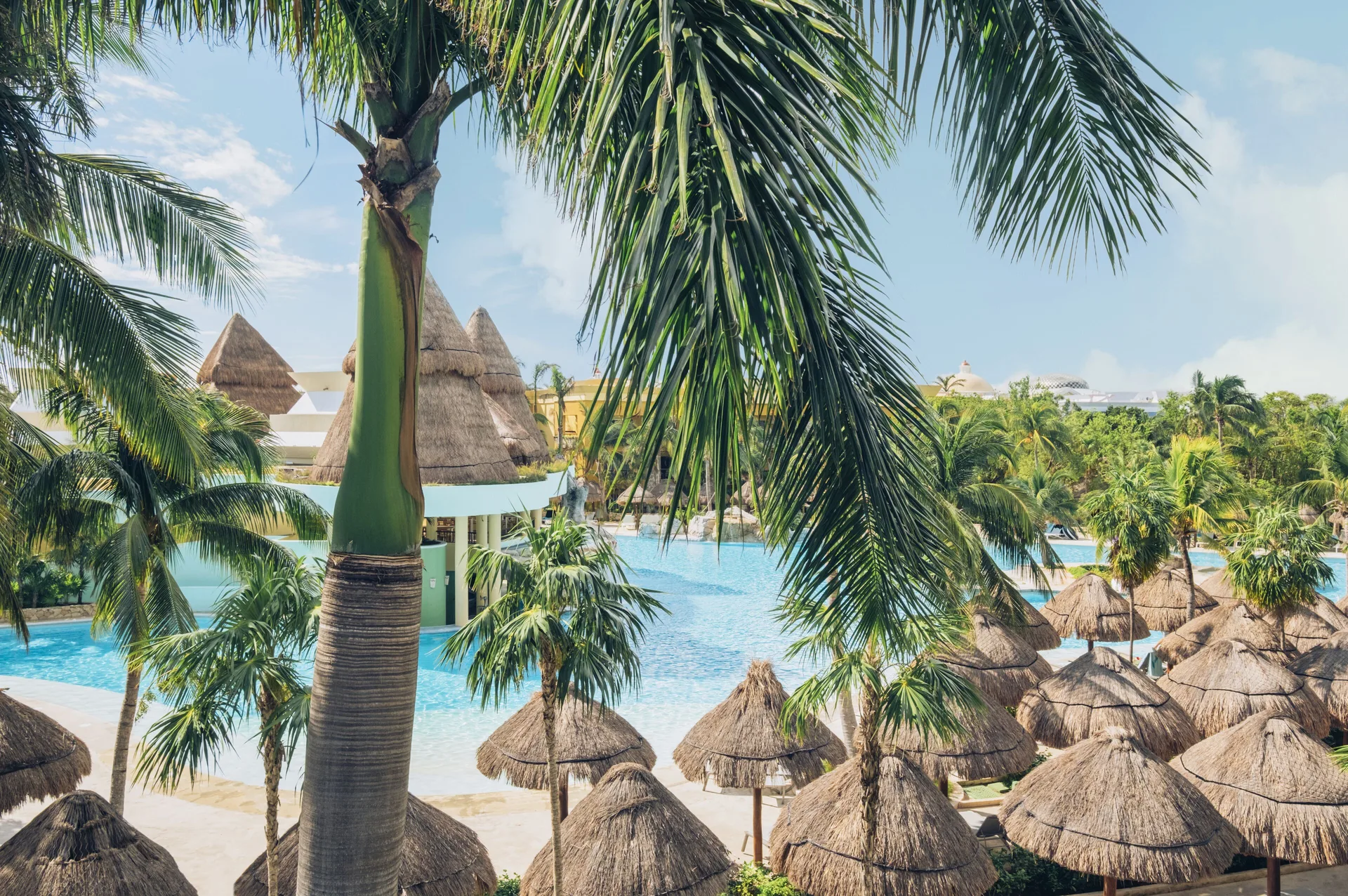 Premium room pool view with palms and palapas at Iberostar Selection Paraíso Lindo.