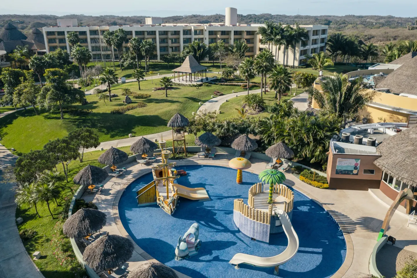 Aerial view of the splash pool and gardens at Iberostar Selection Playa Mita.