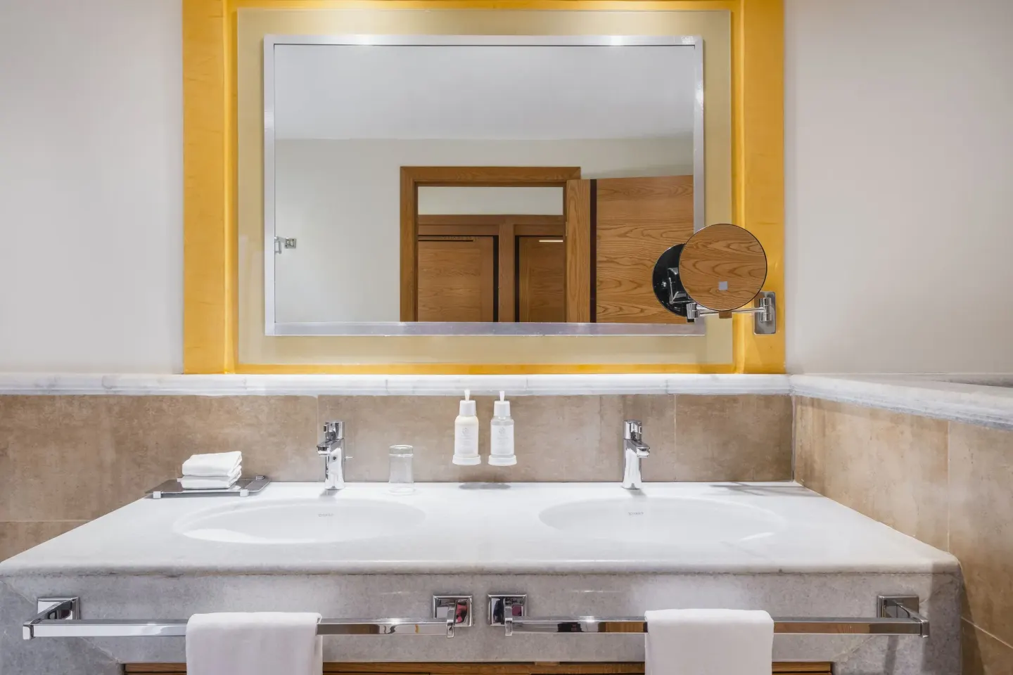 Junior Suite bathroom vanity with double sinks at Iberostar Selection Rose Hall Suites.