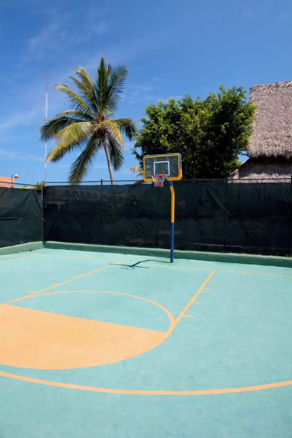Outdoor basketball hoop on a painted court at Iberostar Waves Costa Dorada.