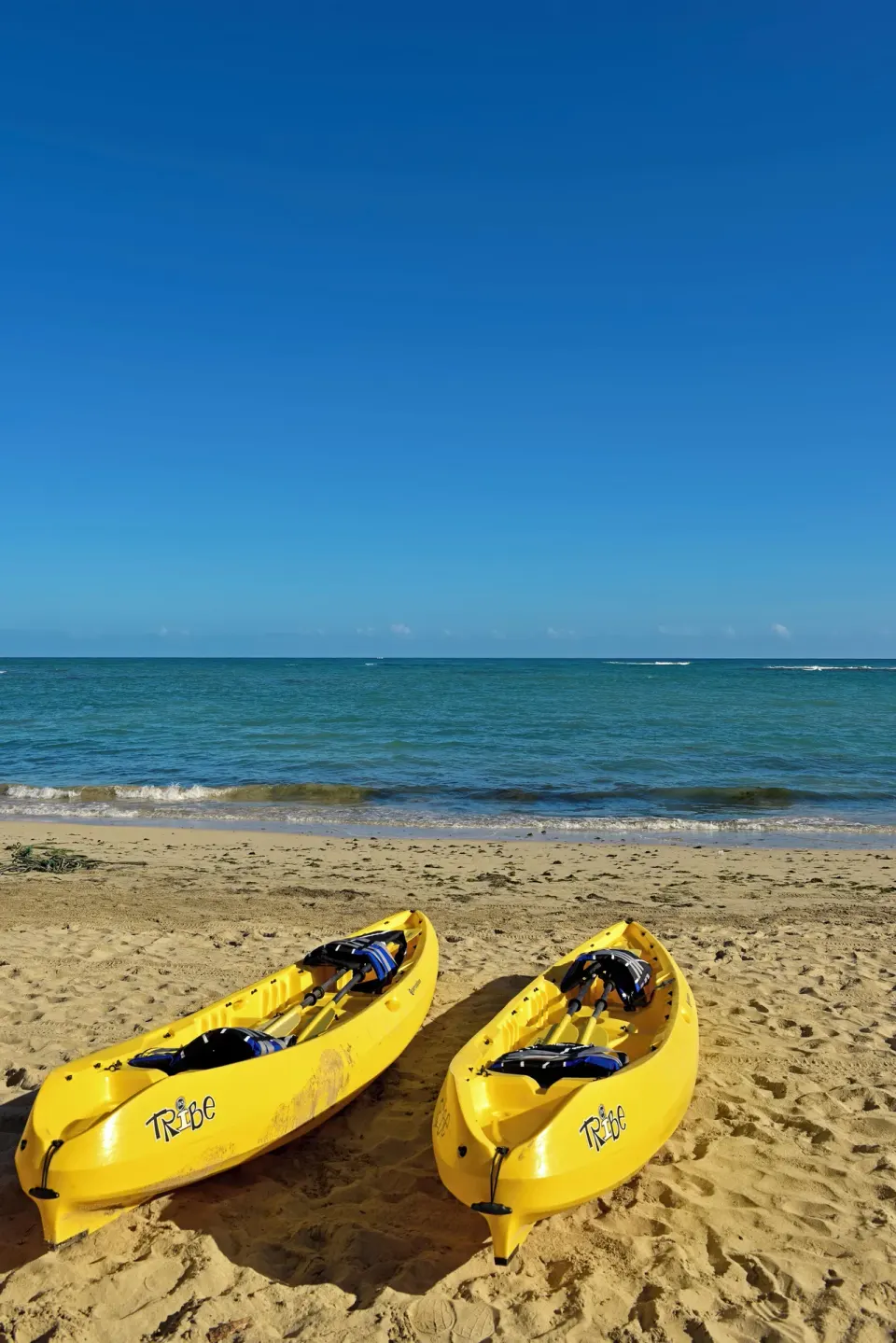 Two yellow kayaks on the sand facing the ocean at Iberostar Waves Costa Dorada.