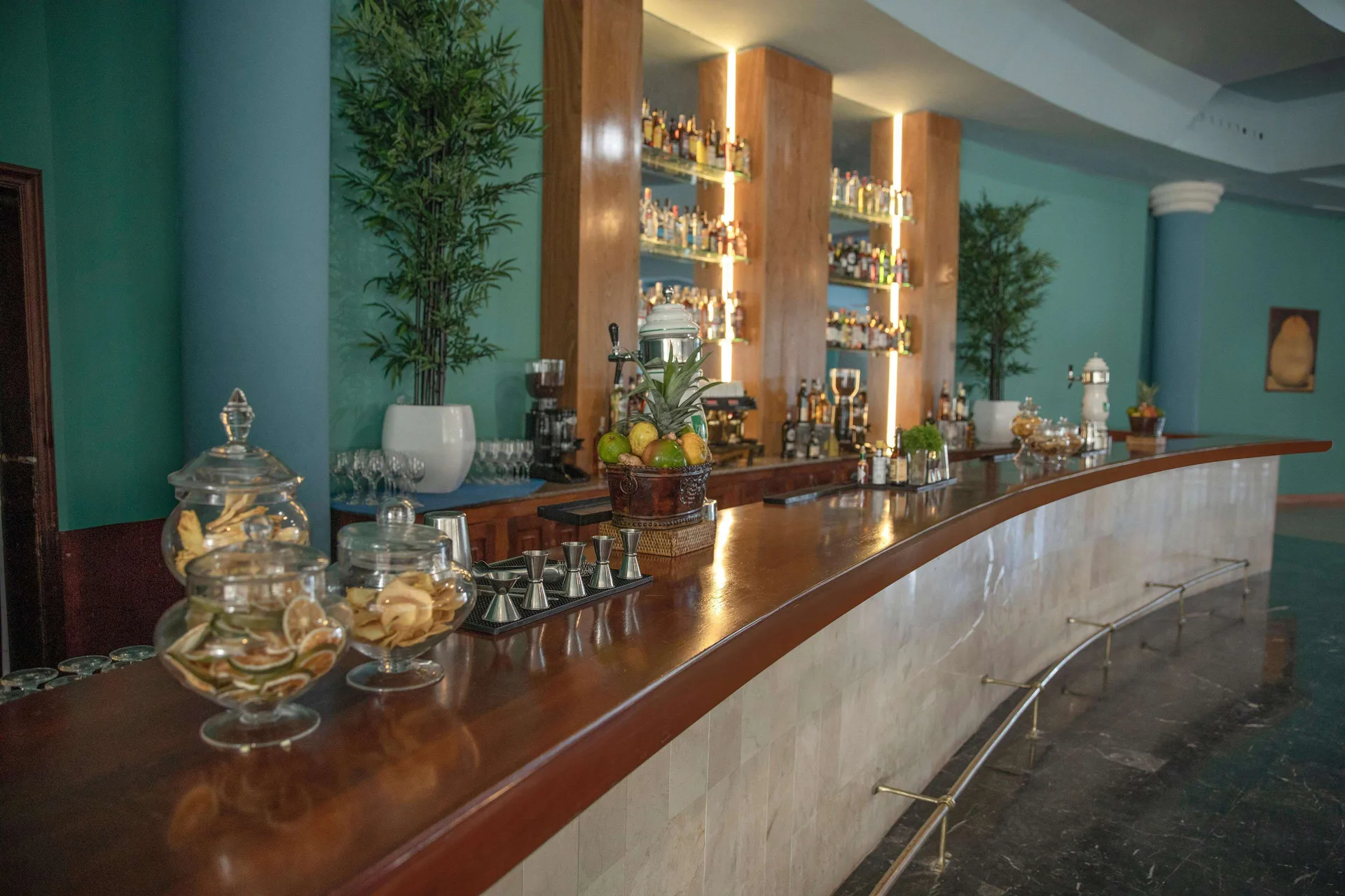 Long bar with fruit and bottles at Iberostar Waves Costa Dorada.