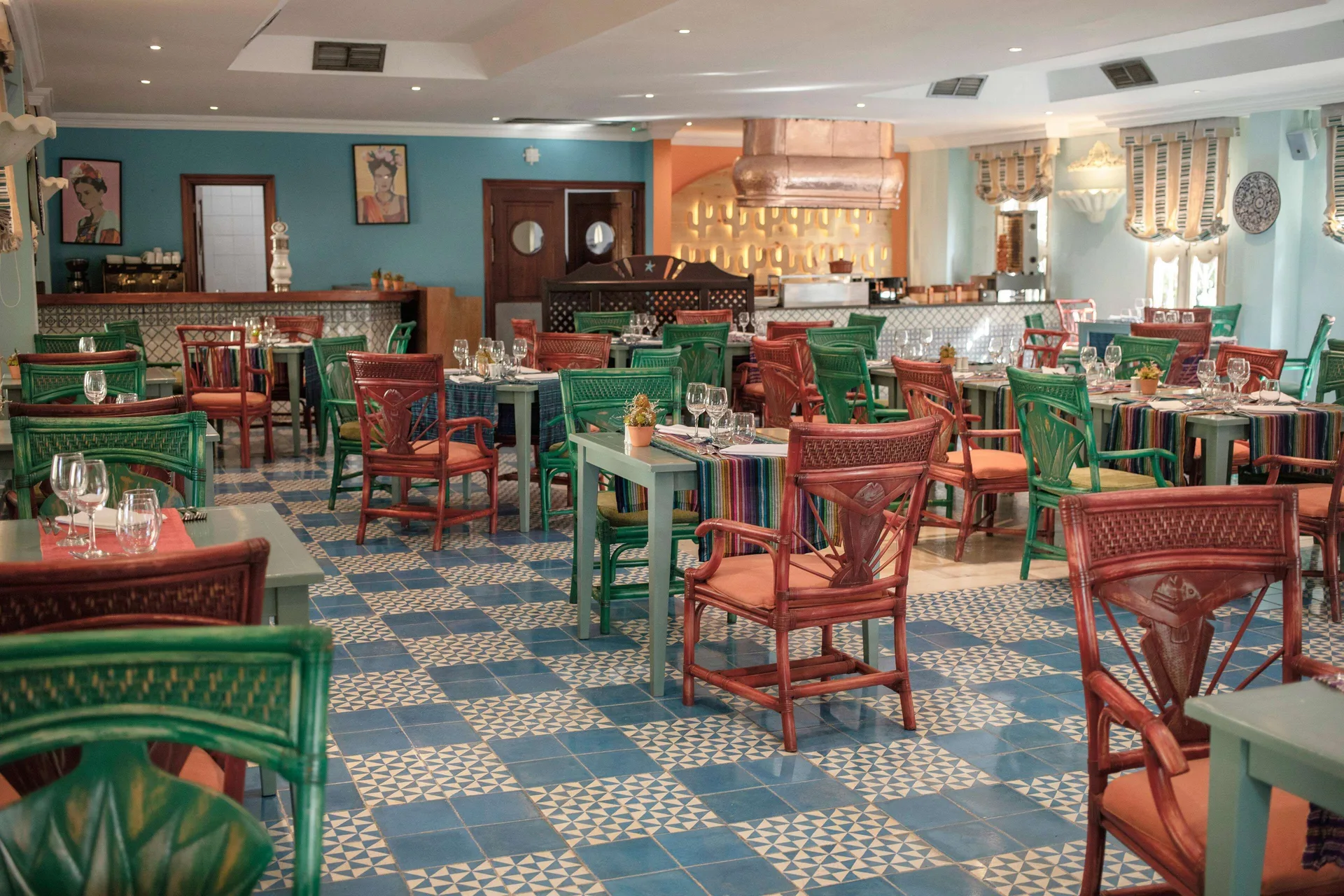 Colorful Mexican-style dining room at Iberostar Waves Costa Dorada.