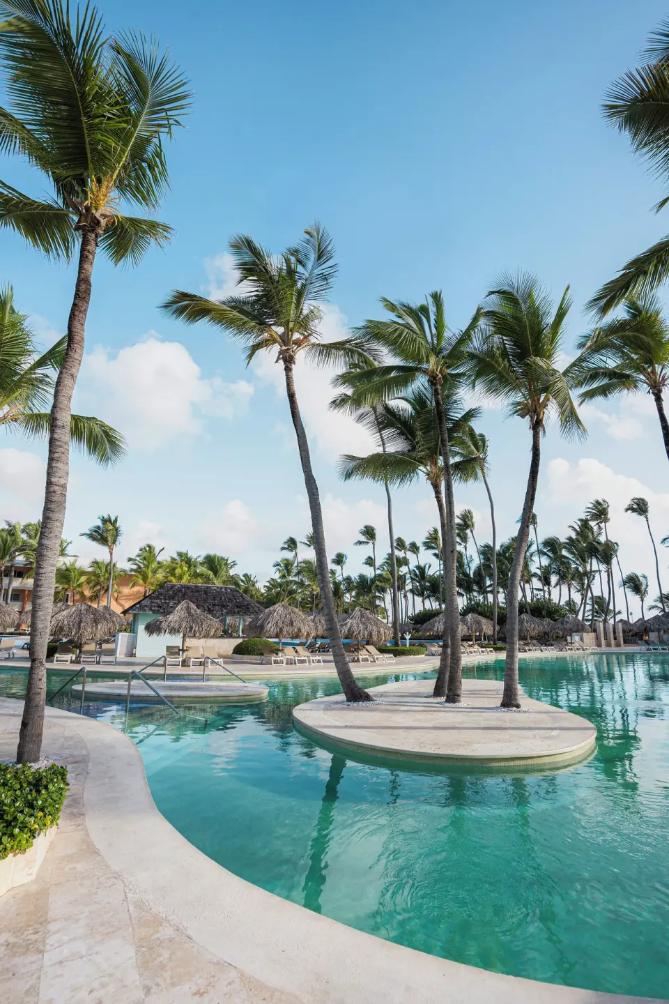 Palm islands, clear pool water and thatched shade structures at Iberostar Waves Dominicana.