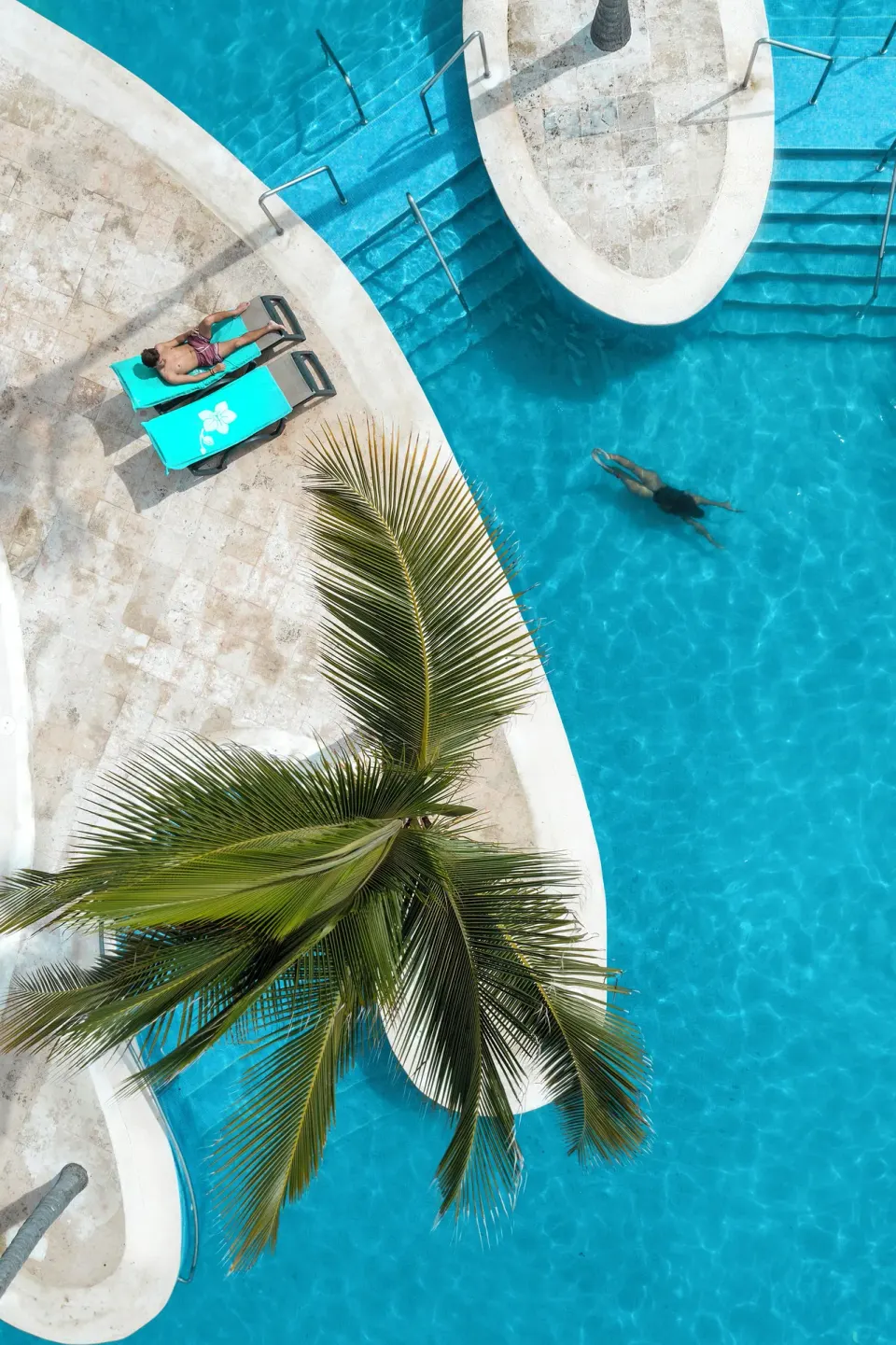 Aerial view of swimmers, loungers and a palm over the pool at Iberostar Waves Dominicana.