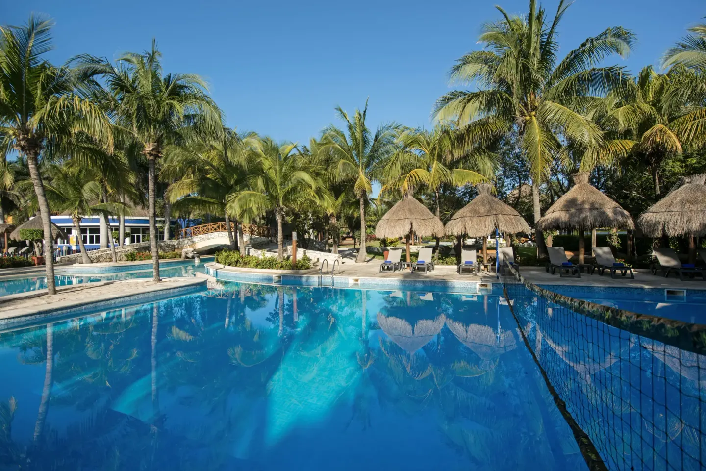 Outdoor pool with palapa shade and palm trees at Iberostar Waves Paraíso Beach.