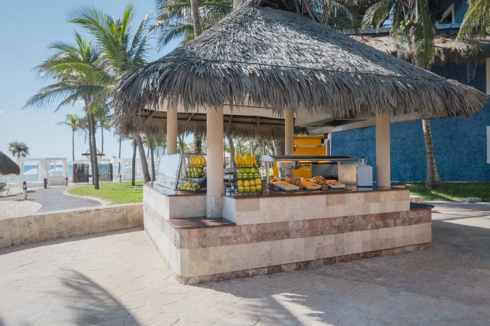 Thatched-roof fruit and snack stand by the pool at Iberostar Waves Tucán
