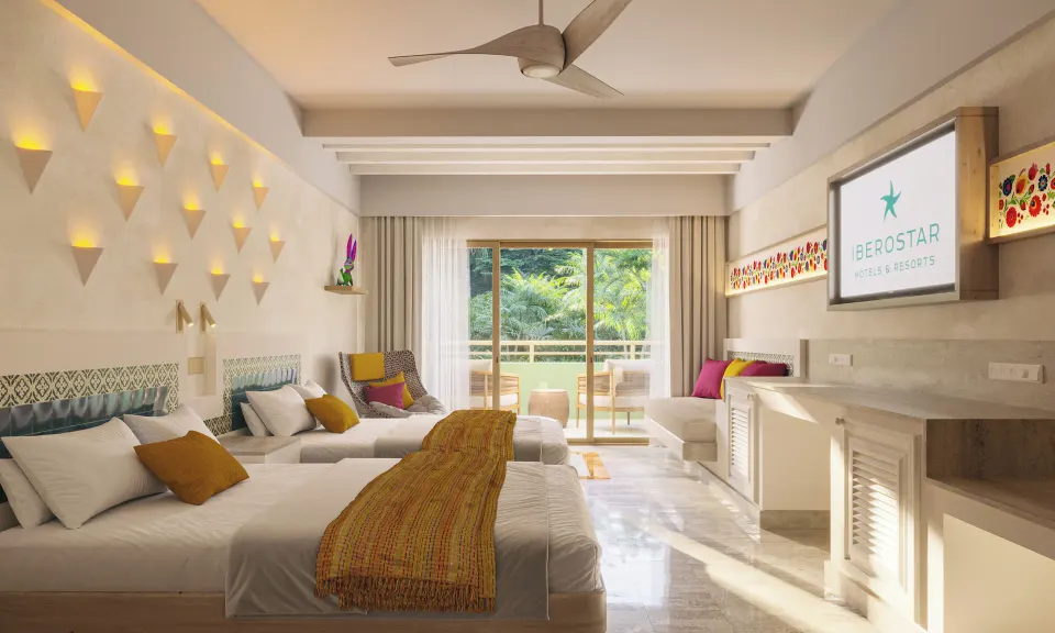 Premium Room twin-bedded layout with TV and balcony view at Iberostar Waves Tucán