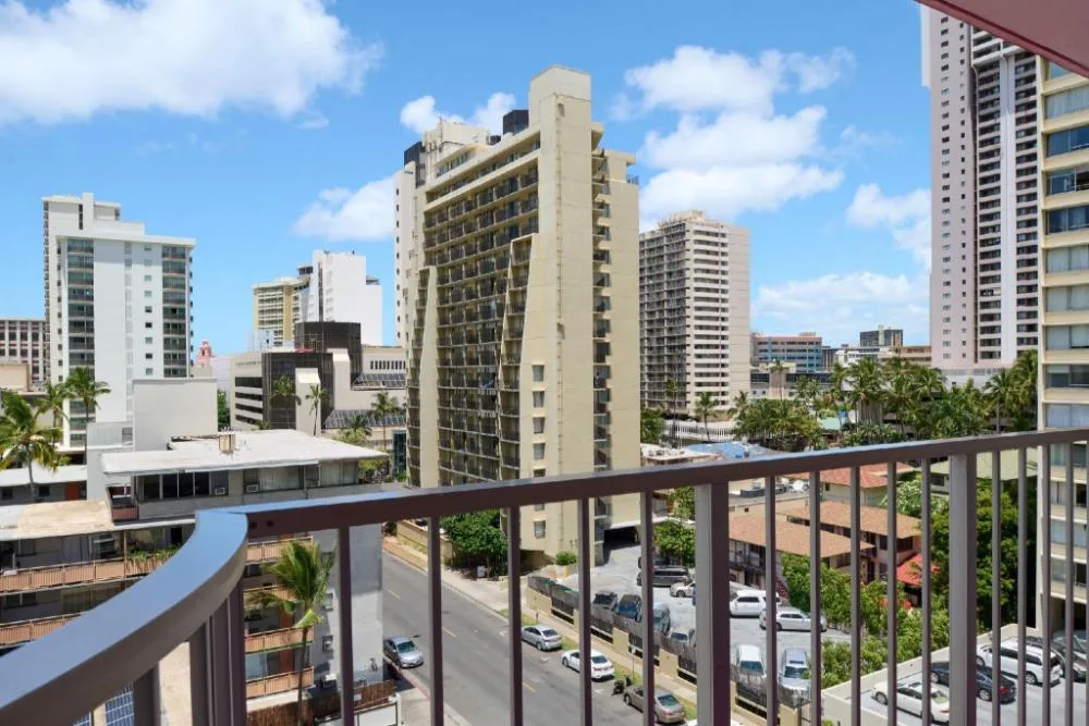 Balcony city view from a Superior Studio with Kitchen at Ilima Hotel.
