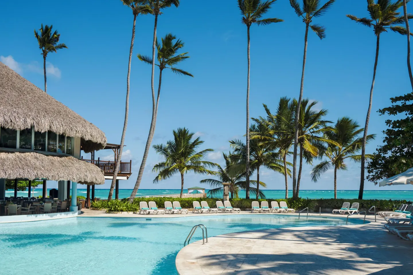 Beachside pool with thatched building and palms at Impressive Premium Punta Cana.