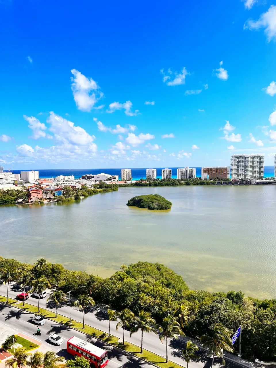Daytime lagoon and city view near InterContinental Presidente Cancun Resort.