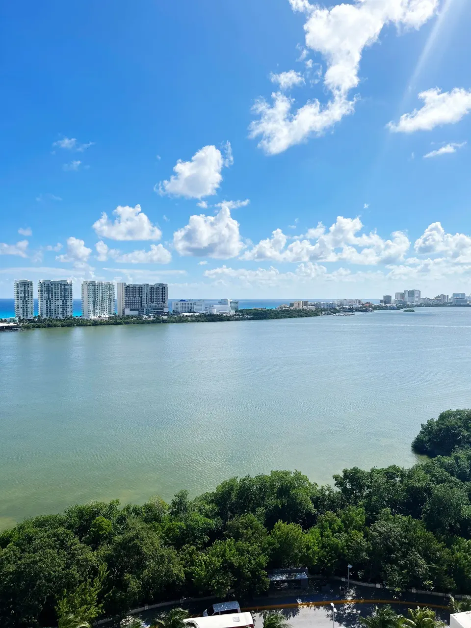 Wide lagoon view with skyline near InterContinental Presidente Cancun Resort.
