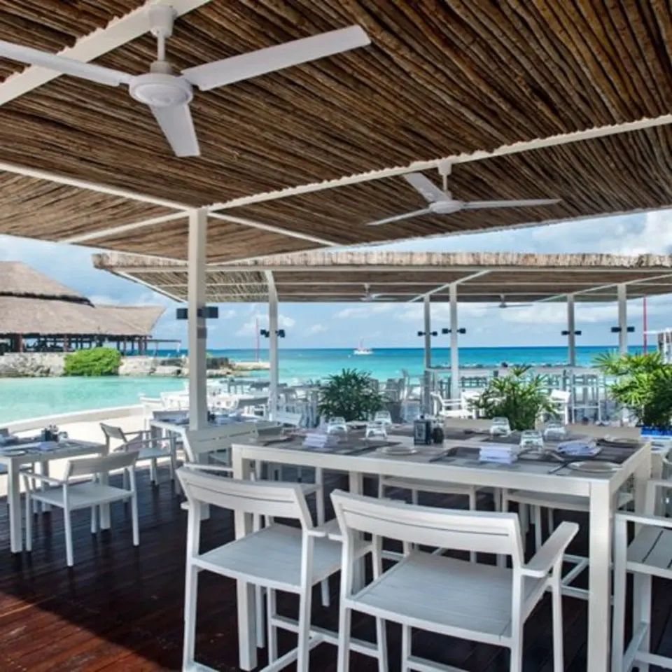 Shaded seaside dining with white tables and ocean view at InterContinental Presidente Cozumel Resort Spa