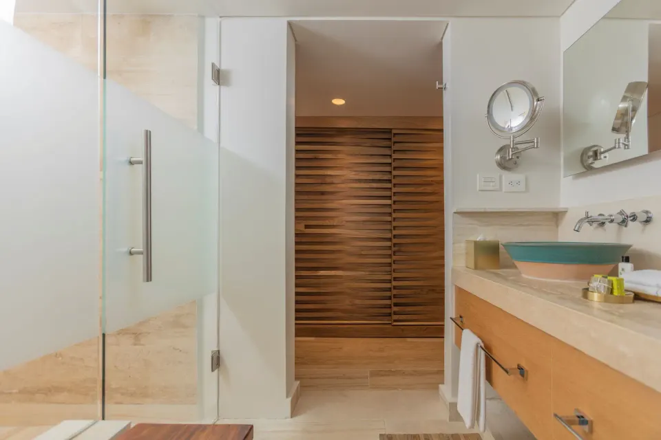 Shower entry and vanity in a Premium Room Ocean View at InterContinental Presidente Cozumel Resort Spa