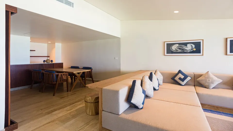 Dining and lounge area inside the Reef Beach Access suite at InterContinental Presidente Cozumel Resort Spa