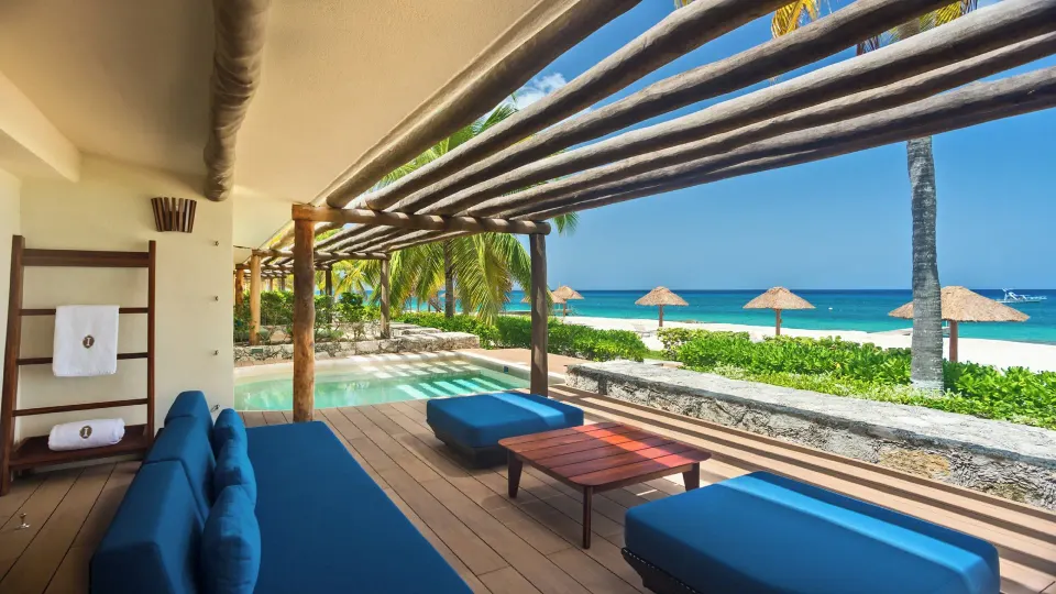 Deck lounge and plunge pool with direct beach access from the suite at InterContinental Presidente Cozumel Resort Spa