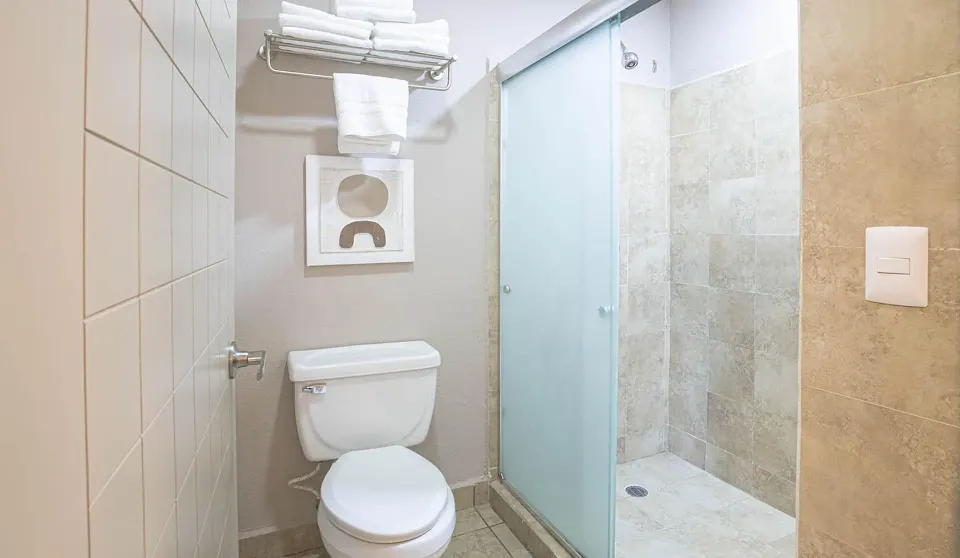Standard Room bathroom with toilet, towels, and glass shower at Ixchel Beach Hotel.