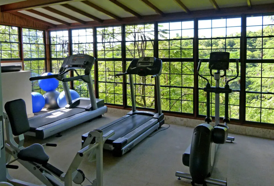 Gym with treadmills, elliptical equipment, and forest views at Jade Mountain Resort.